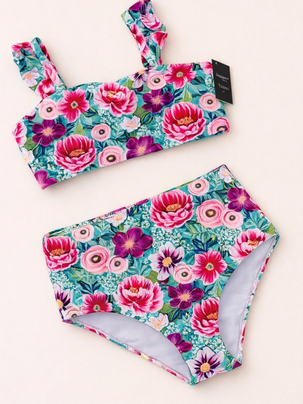 Honeysuckle Swim Co Women’s L / Floral High-Waist Bikini Set in Teal & Pink